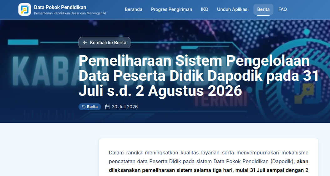 Dapodik Jalani Maintenance Nasional, Pemutakhiran Data Peserta Didik Ditunda Sementara